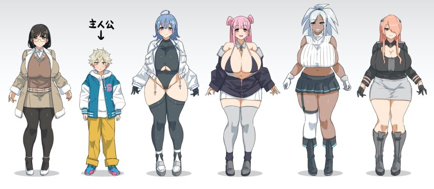 1boy 5girls arrow_(symbol) black_bra black_hair blue_hair blush bra breasts cleavage coat glasses gradient_background grey_background highres huge_breasts ikinari_mojio jacket japanese_text leotard lineup looking_at_viewer midriff miniskirt multiple_girls orange_hair original pink_hair size_difference skirt smile standing thick_thighs thighhighs thighs translation_request underboob underwear white_hair wide_hips