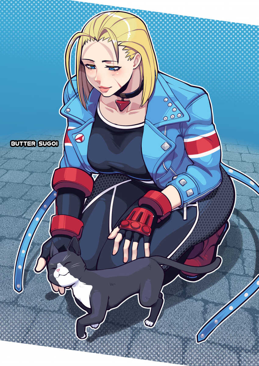 1girl artist_name black_choker black_gloves black_pants black_sports_bra blonde_hair blue_eyes blue_jacket breasts butter_sugoi cammy_white cat choker commentary fingerless_gloves full_body gloves highres jacket medium_breasts medium_hair pants solo sports_bra squatting toned toned_female