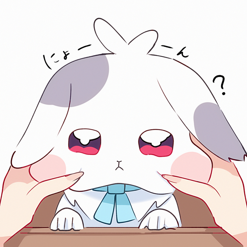 1boy 1girl ? animal blue_ribbon blush_stickers crate daifuku_(precure) hand_on_another&#039;s_face highres looking_at_viewer neck_ribbon precure rabbit red_eyes ribbon shiroiro_obake toyama_daifuku wonderful_precure!