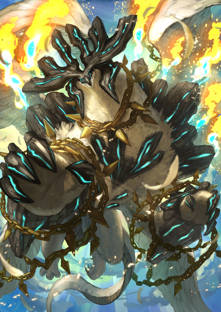 absurdres chain claws embers fire flying foreshortening full_body highres horns monster no_humans original reaching reaching_towards_viewer red_eyes solo tagme tail white_fur wings yumo80295386
