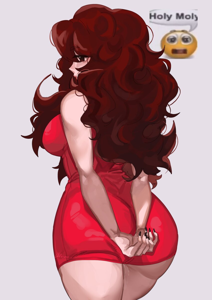 1girl absurdres animification arms_behind_back ass breasts brown_eyes brown_hair dress feiyuu friday_night_funkin&#039; from_behind girlfriend_(friday_night_funkin&#039;) grey_background highres huge_ass long_hair looking_to_the_side medium_breasts red_dress short_dress simple_background solo very_long_hair walking