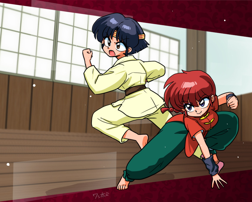 2girls barefoot blue_eyes breasts chinese_clothes dojo dougi genderswap genderswap_(mtf) hair_between_eyes highres indoors medium_breasts multiple_girls open_mouth ranma-chan ranma_1/2 red_hair saotome_ranma short_hair signature smile tangzhuang tendou_akane wanta_(futoshi) window wood wristband
