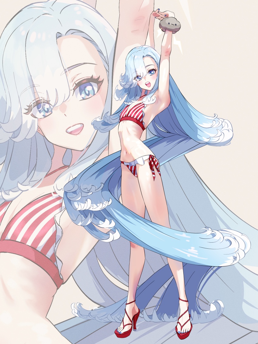 absurdres armpits blue_eyes blue_hair blue_nails fingernails flat_chest fueppu high_heels highres hololive hololive_indonesia kobo_kanaeru long_hair looking_at_viewer multicolored_hair nail_polish open_mouth smile stomach swimsuit teeth toenail_polish toenails toes upper_teeth_only very_long_hair virtual_youtuber white_hair