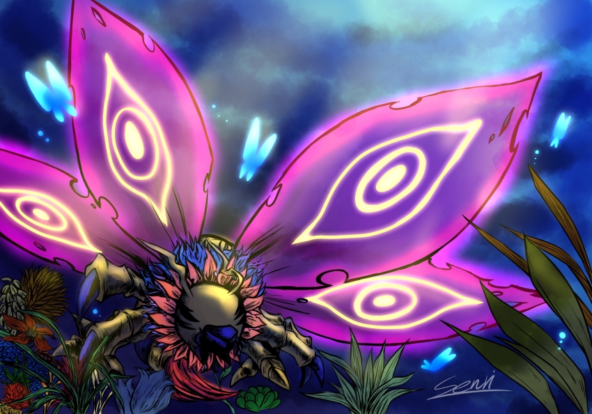 beak bug digimon digimon_(creature) flymon grass open_mouth solo wings