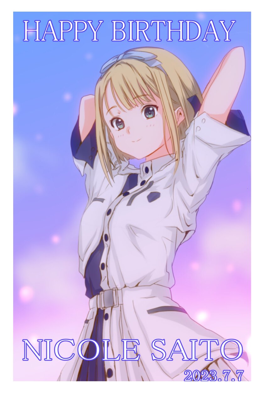 1girl 22/7 arms_up belt blonde_hair boku_wa_konya_deteiku braid bxtbsy7q76gxh73 character_name closed_mouth cowboy_shot dated dress green_eyes hair_ornament hair_ribbon hands_on_own_head happy_birthday highres looking_at_viewer ribbon saito_nicole short_hair solo