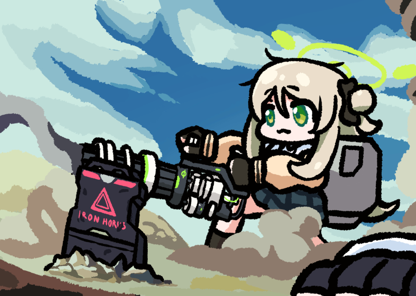 2girls blue_archive bow brown_hair chibi cloud desert dust_cloud fingerless_gloves gatling_gun gloves green_eyes green_halo gun gundam gundam_08th_ms_team hair_bow hair_bun halo highres holding holding_gun holding_weapon hoshino_(blue_archive) long_hair minigun multiple_girls nonomi_(blue_archive) panatisia pleated_skirt shining_shoot_(pose) shirt single_side_bun skirt weapon white_shirt