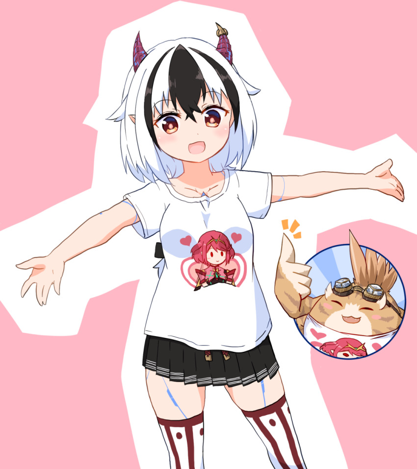 borrowed_clothes crossette_(xenoblade) goggles highres horns multicolored_hair paskmel pointy_ears shirt t-shirt thighhighs thumbs_up tora_(best_girl_fan)_(xenoblade_2) tora_(xenoblade_2) xenoblade_chronicles_(series) xenoblade_chronicles_2