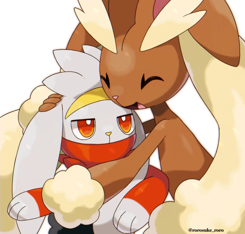 bad_id bad_pixiv_id bright_pupils closed_eyes commentary_request creatures_(company) game_freak gen_4_pokemon gen_8_pokemon highres hug lopunny nintendo open_mouth pokemon pokemon_(creature) raboot red_eyes rorosuke smile tongue white_background white_pupils
