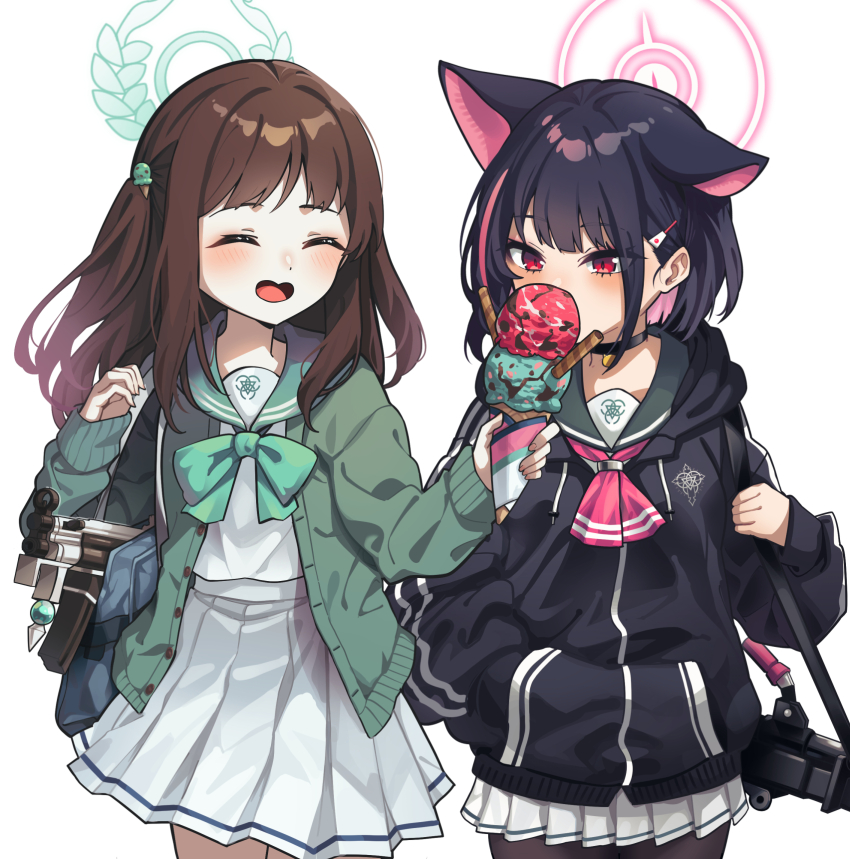 2girls 2ta2ta airi_(blue_archive) animal_ears black_choker black_hair black_hoodie black_jacket black_pantyhose blue_archive blush bow bowtie bren_lmg brown_hair cardigan cat_ears choker closed_eyes colored_inner_animal_ears colored_inner_hair commentary_request eating extra_ears feeding food food-themed_hair_ornament green_bow green_bowtie green_cardigan green_halo green_sailor_collar gun hair_ornament halo highres hood hoodie ice_cream ice_cream_cone ice_cream_hair_ornament jacket kazusa_(blue_archive) light_machine_gun long_hair long_sleeves machine_gun miniskirt mint_chocolate_(razschi) multicolored_hair multiple_girls neckerchief open_mouth pantyhose pink_hair pink_halo pink_neckerchief pleated_skirt red_eyes sailor_collar school_uniform serafuku shirt short_hair skirt submachine_gun two-tone_hair weapon white_background white_serafuku white_shirt white_skirt