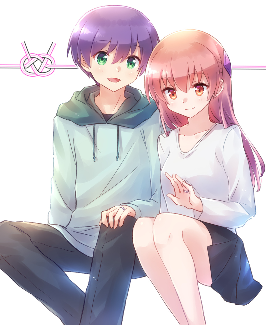1boy 1girl absurdres black_pants black_skirt closed_mouth commentary_request feet_out_of_frame green_eyes green_hoodie hair_between_eyes highres hood hoodie husband_and_wife invisible_chair long_hair long_sleeves nyaa_(nnekoron) open_mouth pants pink_hair purple_hair red_eyes shirt short_hair sitting skirt smile tonikaku_kawaii white_background white_shirt yuzaki_nasa yuzaki_tsukasa