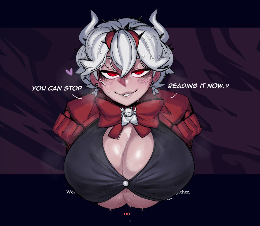 1girl beelzebub_(helltaker) black_shirt blush bow bowtie breasts breasts_squeezed_together bug bursting_breasts cleavage demon_girl demon_horns earrings english_text fly fourth_wall freckles gloves heart helltaker highres horns huge_breasts insect jacket jewelry krekkball krekkov letterboxed looking_at_viewer outside_border red_bow red_bowtie red_eyes red_gloves red_jacket shirt short_hair smile solo sweat upper_body white_hair white_horns