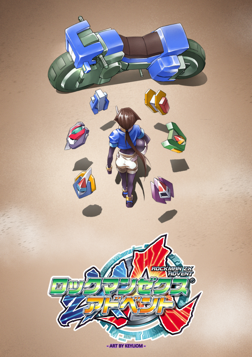 1girl absurdres aile_(mega_man_zx) akira_(manga) akira_movie_poster biometal black_bodysuit blue_jacket bodysuit bodysuit_under_clothes brown_hair commission copyright_name cropped_jacket full_body helmet highres holding holding_helmet jacket keyliom long_hair mega_man_(series) mega_man_zx mega_man_zx_advent model_f_(mega_man) model_h_(mega_man) model_l_(mega_man) model_p_(mega_man) model_x_(mega_man) model_z_(mega_man) motor_vehicle motorcycle ponytail robot_ears second-party_source shorts solo_focus unworn_headwear unworn_helmet white_shorts