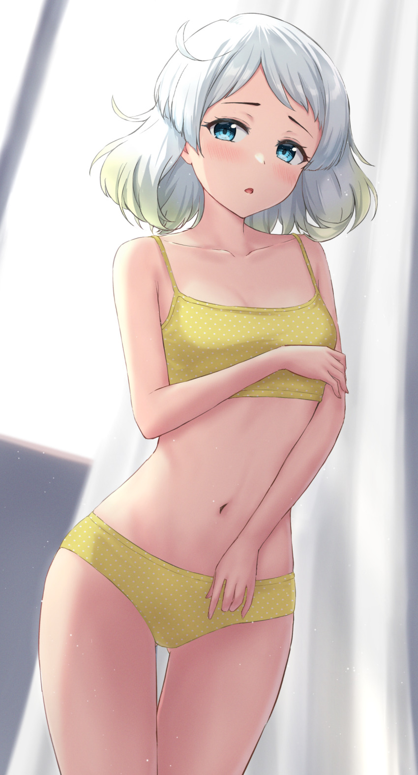1girl absurdres blue_eyes blurry blurry_background blush breasts collarbone cowboy_shot gluteal_fold grey_hair highres kantai_collection looking_at_viewer monoku natsugumo_(kancolle) open_mouth panties polka_dot polka_dot_panties short_hair small_breasts solo underwear underwear_only yellow_panties
