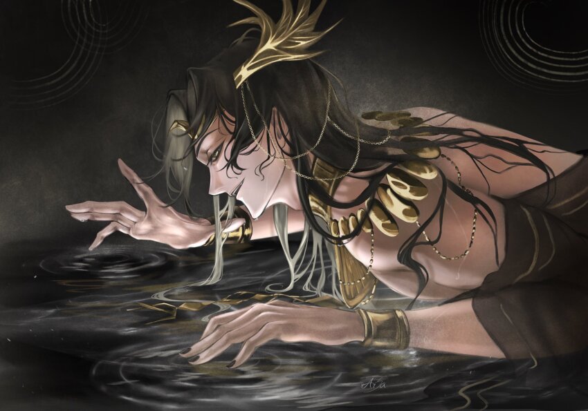 1boy ajsaart azik_eggers bangle black_hair black_nails black_shirt bracelet collar crown dim_lighting grin hair_ornament highres jewelry leaning_forward long_hair looking_at_viewer lord_of_the_mysteries male_focus pectorals ripples shirt smile solo upper_body water wet wet_hair yellow_eyes