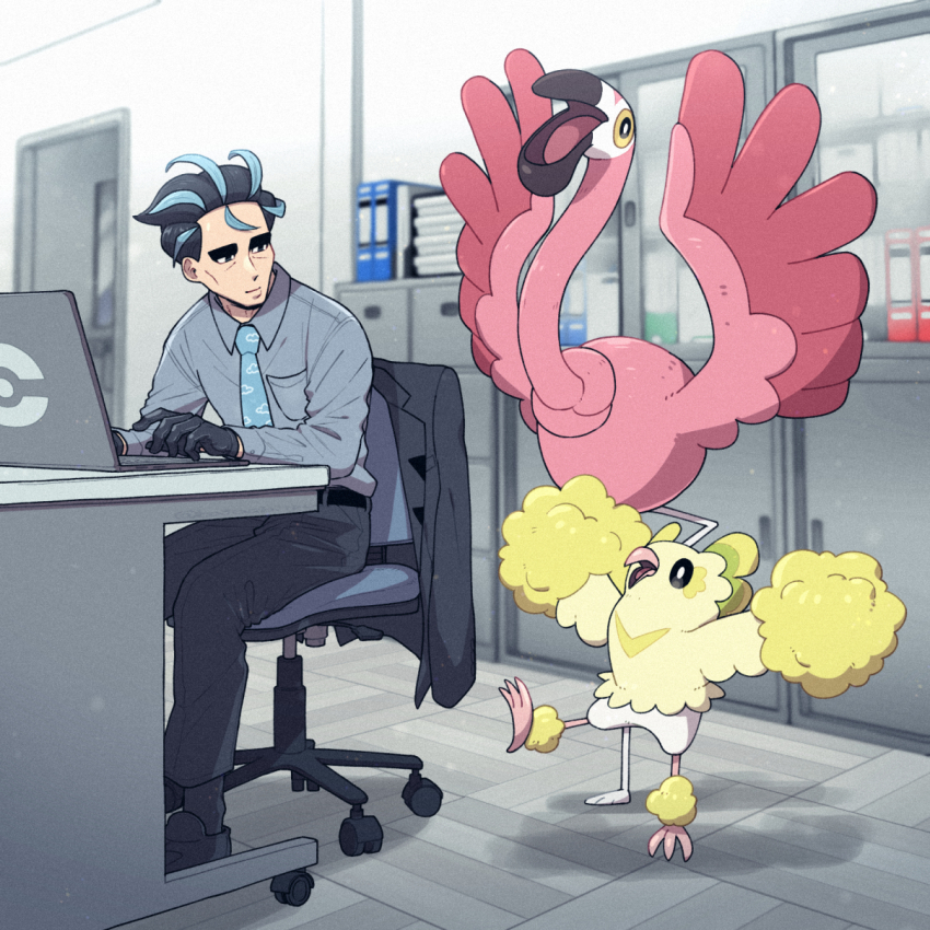 1boy batabiru black_gloves black_hair black_jacket black_pants blue_necktie breast_pocket cabinet chair collared_shirt commentary_request computer door flamigo gen_7_pokemon gloves grey_hair highres jacket laptop larry_(pokemon) long_sleeves male_focus multicolored_hair necktie nintendo office office_chair oricorio oricorio_(pom-pom) pants pocket poke_ball_symbol pokemon pokemon_(creature) pokemon_sv salaryman shirt short_hair sitting smile streaked_hair swivel_chair thick_eyebrows two-tone_hair unworn_jacket