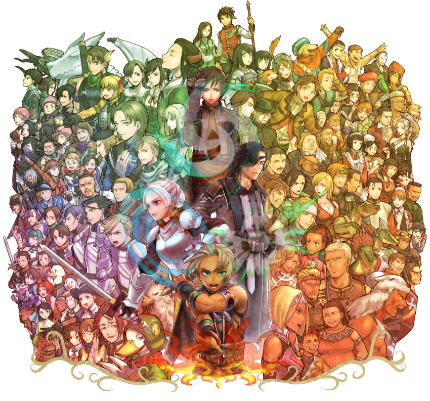 6+boys 6+girls aila_(suikoden) anne_(suikoden) apron armor ayame_(suikoden) bandana beard beecham billy_(suikoden) bird black_gloves blonde_hair blue_eyes borus_redrum breasts brown_eyes brown_hair character_request chris_lightfellow cleavage commentary_request copyright_name cowboy_hat dog dragon duke_(suikoden) elaine_(suikoden) eyepatch facial_hair fubar_(suikoden) gadget_z gau_(suikoden) geddoe_(suikoden) gensou_suikoden gensou_suikoden_iii glasses gloves goggles goggles_on_headwear green_eyes hair_ornament hairclip hallec_(suikoden) hat heart highres holding holding_mask holding_quill holding_sword holding_weapon holding_wrench hugo_(suikoden_iii) japanese_clothes jewelry jimba kathy_(suikoden) leo_galan luce_(suikoden) mamie_(suikoden) martha_(suikoden) mask multiple_boys multiple_girls mustache muto_(suikoden) nadir_(suikoden) one_eye_closed parrot percival_fraulein pointy_ears quill red_hair rhett_(suikoden) ring roland_lazarus sakai_(motomei) salome_harras sanae_yamamoto sgt_joe sword toppo_(suikoden) waurenhyte_(suikoden) weapon white_hair wilder_(suikoden) wrench yuber_(suikoden)