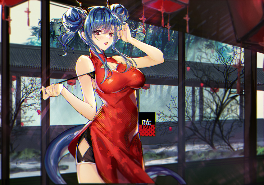1girl :o arknights arm_up bike_shorts black_bra black_shorts blue_hair blurry blush bra breasts ch&#039;en_(ageless_afterglow)_(arknights) ch&#039;en_(arknights) character_name china_dress chinese_clothes chromatic_aberration cleavage_cutout clothing_cutout commentary cowboy_shot double_bun dress female_focus hair_between_eyes hair_bun haitang hip_vent horns large_breasts long_hair looking_at_viewer official_alternate_costume open_mouth red_dress red_eyes short_shorts shorts sidelocks sleeveless sleeveless_dress solo standing strap_pull tail translated tree twintails underwear v-shaped_eyebrows