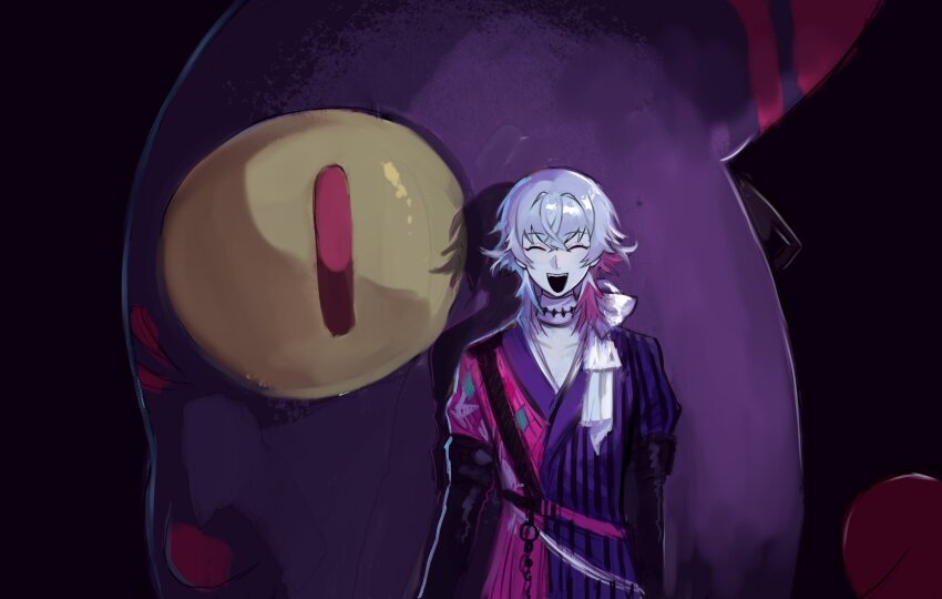 1boy absurdres argyle_clothes argyle_coat bishounen black_background blue_hair closed_eyes coat collarbone commentary creature diamond_choker english_commentary eyeshadow floral_print gavis_bettel gavis_bettel_(1st_costume) giant giant_monster gloves grey_hair hair_between_eyes highres holostars holostars_english lily_print makeup male_focus medium_hair multicolored_coat multicolored_hair nonsensemanna one-eyed open_mouth pale_skin phantom_(gavis_bettel) pink_eyeshadow pink_hair scarf shadow short_hair sidelighting slit_pupils smile striped_coat unfinished upper_body vertical-striped_coat virtual_youtuber white_scarf