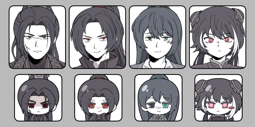 1girl 3boys closed_mouth family greyscale heterochromia highres hong_lu_(project_moon) jia_huan_(project_moon) jia_qiu_(project_moon) jia_xichun_(project_moon) limbus_company long_hair looking_at_viewer low_twintails mandarin_collar monochrome multiple_boys parted_bangs pink_eyes project_moon red_eyes scar scar_on_face smile spot_color twintails upper_body uuu_(gyojamandu) very_long_hair