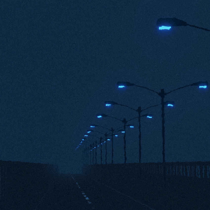 animated animated_gif dark film_grain fog lamppost looping_animation night no_humans original road scenery sky totorika vanishing_point