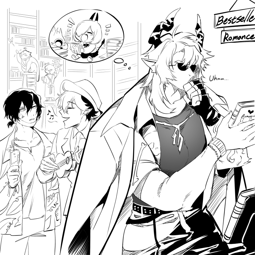 5boys absurdres alchemy_stars apron bethel_(alchemy_stars) book bookshelf cat coat coat_on_shoulders collared_shirt cup drinking_glass drinking_straw formal_clothes hat highres horns hydrad_(alchemy_stars) instrument istvan_(alchemy_stars) kleken_(alchemy_stars) monochrome multiple_boys seleucid_(alchemy_stars) shirt straw suit tail top_hat ukulele
