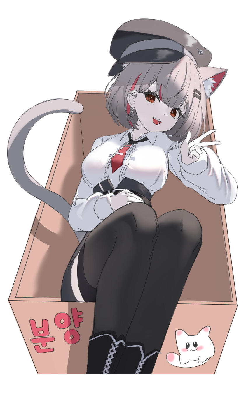 1girl absurdres animal_ears black_hat black_thighhighs box breasts cardboard_box cat_ears cat_tail center_frills collared_shirt ear_piercing extra_ears frills grey_hair hat highres in_box in_container large_breasts looking_at_viewer multicolored_hair necktie neneko_mashiro nokde open_mouth peaked_cap piercing red_eyes shirt short_hair short_necktie simple_background smile solo stellive streaked_hair tail thighhighs v virtual_youtuber white_background white_shirt