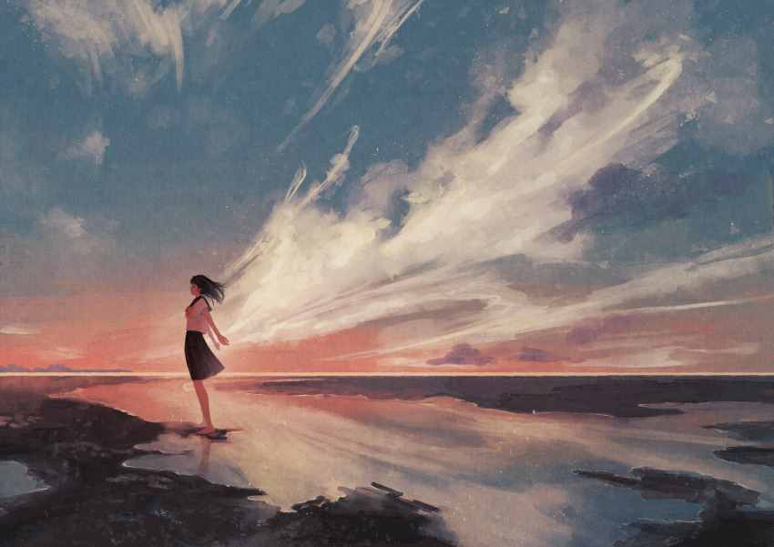1girl barefoot black_hair black_sailor_collar black_skirt bow bowtie closed_eyes cloud commentary_request floating_hair from_side gradient_sky harucoro25 horizon landscape long_hair medium_skirt original outdoors pink_bow pink_bowtie pleated_skirt reflection reflective_water sailor_collar scenery school_uniform serafuku shirt short_sleeves skirt sky solo sparkle standing stream water white_shirt wide_shot