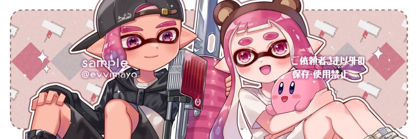 1girl 2boys :d animal_ear_hairband animal_ears artist_name backwards_hat baseball_cap bear_ears black_headwear black_jacket black_shorts border brown_background brown_hairband closed_mouth fake_animal_ears flingza_roller_(splatoon) hairband hat inkling inkling_boy inkling_girl inkling_player_character jacket kirby long_hair long_sleeves medium_hair multiple_boys nintendo open_mouth outside_border pink_eyes pink_hair pointy_ears sample_watermark shina_shina shirt shorts simple_background sitting sleeves_past_wrists smile sparkle splatoon_(series) splatoon_3 tentacle_hair thick_eyebrows translation_request twitter_username watermark weapon white_border white_shirt
