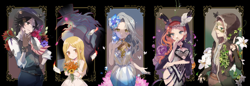 3boys 3girls absurdres armlet belt bird_mask black_eyes black_gloves black_hair black_headwear black_pants blonde_hair blue_dress blue_flower blue_nails bouquet braid brown_belt brown_gloves brown_hair brown_jacket brown_pants bug burning butterfly child circlet cloak clothing_cutout column_lineup comb_over cowboy_shot dress earrings elbow_gloves eric_knikki facepaint facial_mark feather_hair_ornament feathers fingerless_gloves fiona_gilman fiona_gilman_(encore) flower framed gloves gradient_clothes gradient_dress green_eyes grey_eyes grey_hair grey_headwear grey_shirt grey_vest hair_flower hair_ornament hair_over_shoulder hair_pulled_back hair_slicked_back half_mask hand_on_own_hip hand_to_own_mouth hand_up hat head_chain helmet highres holding holding_bouquet hood hood_up hooded_cloak hooded_jacket horned_hood horns identity_v index_finger_raised insect ivy jacket jewelry lily_(flower) long_hair long_sleeves looking_at_animal looking_at_another looking_at_viewer mask memory_(identity_v) multiple_boys multiple_girls naib_subedar naib_subedar_(hummingbird) necktie nightmare_(identity_v) norton_campbell norton_campbell_(patchwork) orange_flower orange_hair orange_nails pants paper parted_bangs parted_lips petals pink_flower pink_necktie purple_cloak purple_flower purple_rose red_flower rose shirt short_hair side_slit single_braid sleeveless sleeveless_dress sleeveless_jacket smile sunflower tears top_hat vera_nair vera_nair_(mnemosyne&#039;s_dream) vest water_lily_flower white_dress white_flower white_lily white_rose white_shirt yellow_eyes yellow_flower