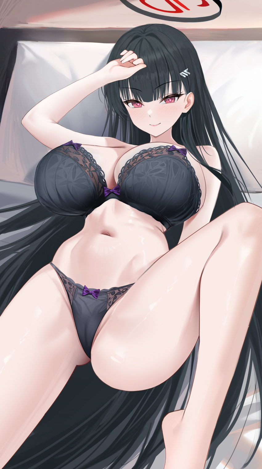 1girl absurdres akipopopopoon black_bra black_hair black_panties blue_archive blush bra breasts cameltoe closed_mouth hair_behind_ear hair_ornament hairclip halo highres huge_breasts long_hair looking_at_viewer navel panties red_eyes red_halo rio_(blue_archive) smile solo stomach thighs underwear underwear_only