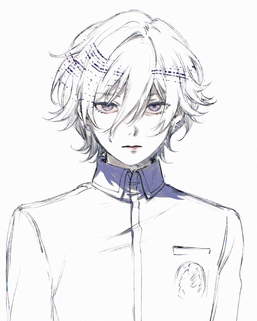 1boy bishounen earrings expressionless hair_between_eyes highres jacket jewelry looking_at_viewer machihazure male_focus persona persona_1 purple_eyes school_uniform single_earring sketch solo st._hermelin_school_uniform toudou_naoya upper_body white_hair