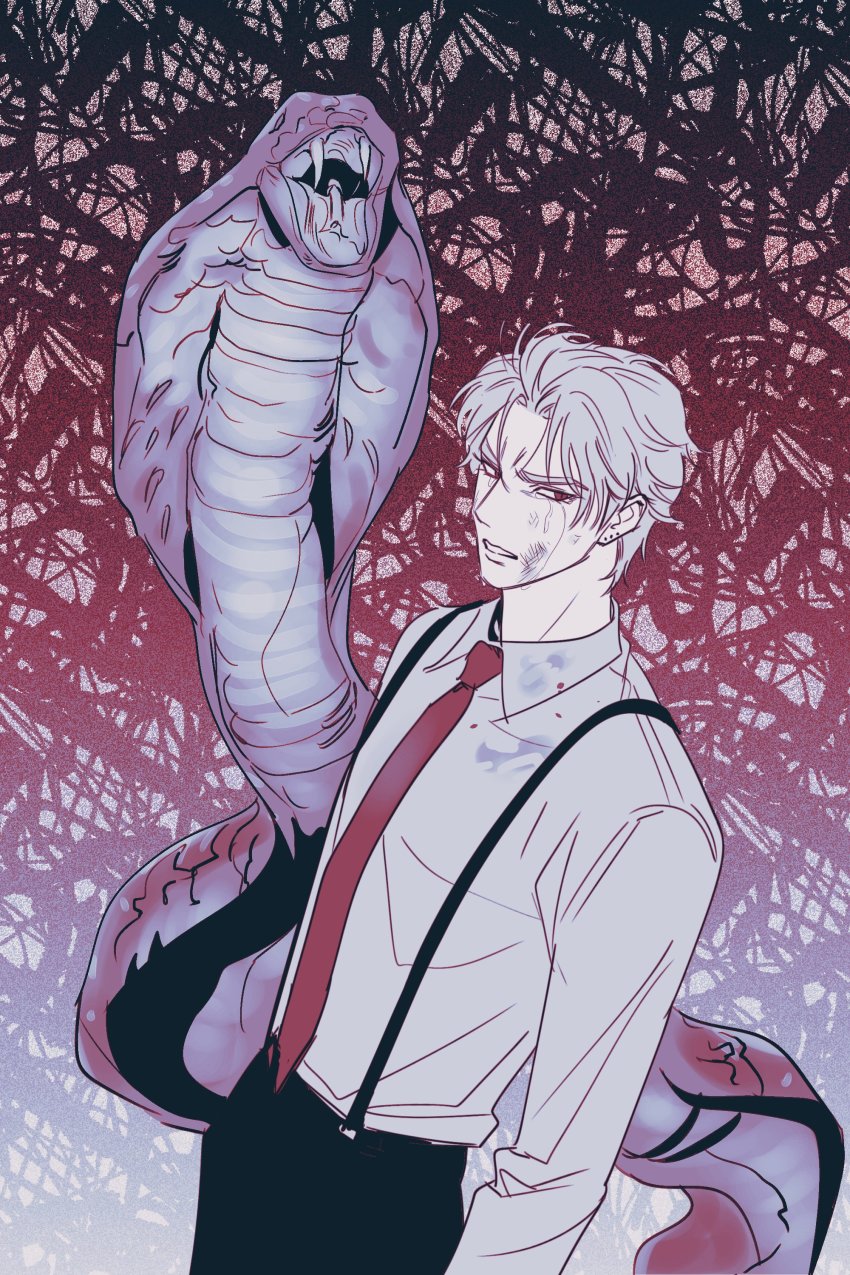 1boy absurdres acea_n bad_id bad_twitter_id birthmark blood blood_on_clothes bruise cobra crying dio_brando highres injury jojo_no_kimyou_na_bouken male_focus muted_color necktie phantom_blood red_eyes suspenders tears