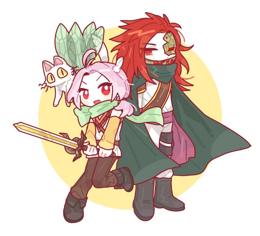 2boys aragakiyurusan black_boots blush_stickers boots brown_pants brown_sash cape commentary_request detached_sleeves dita_iliner eigha_iliner feather_hair_ornament feathers godzylla_(saibou_shinkyoku) gold_trim green_cape green_scarf hair_ornament highres holding holding_sword holding_weapon korean_commentary male_focus medium_hair multiple_boys open_mouth pants pink_hair red_eyes red_hair saibou_shinkyoku scarf shirt sleeveless sleeveless_shirt smile sword v-shaped_eyebrows weapon white_pants white_shirt yellow_sleeves