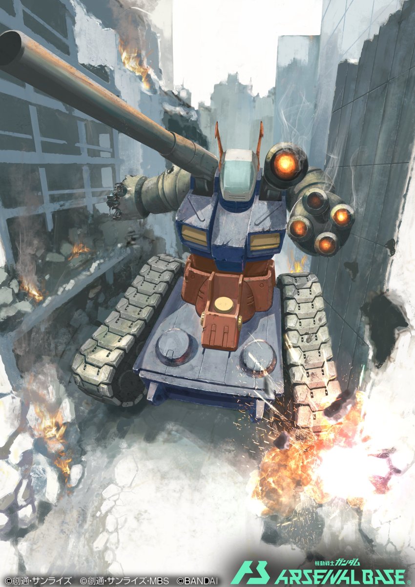 absurdres aiming aiming_at_viewer arm_cannon caterpillar_tracks damaged deraken explosion fire gundam gundam_arsenal_base guntank highres mecha mecha_focus mobile_suit_gundam official_art robot science_fiction shoulder_cannon smoke solo weapon