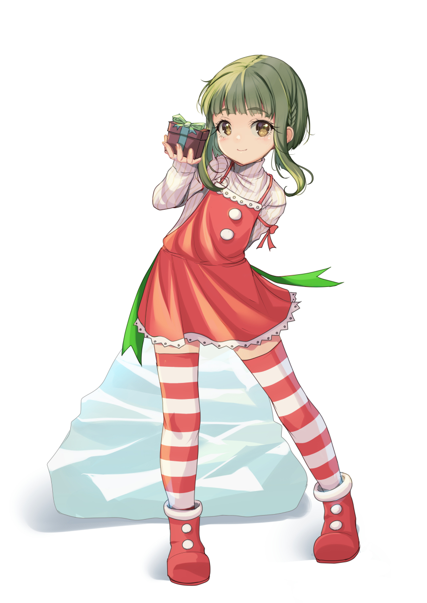 1girl absurdres blunt_bangs bob_cut boots box brown_eyes child dress feet_out_of_frame fur-trimmed_boots fur_trim gift gift_box green_hair hat highres holding kantai_collection red_boots red_dress ribbed_sweater sack short_hair short_hair_with_long_locks sidelocks smile solo striped_clothes striped_thighhighs sweater takanami_(kancolle) thighhighs white_background white_sweater yashin_(yasinz)