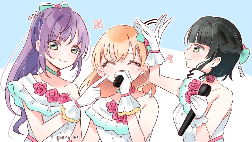 &gt;:) 3girls ^_^ absurdres aqua_bow aqua_choker black_hair blue_background bow braid breasts cerise_bouquet cheek_poking choker closed_eyes closed_mouth collarbone commentary_request covering_own_mouth dress flower flower-trimmed_dress flower_choker frilled_gloves frills gloves green_eyes hair_bow half_up_braid hand_over_own_mouth highres hinoshita_kaho holding holding_microphone link!_like!_love_live! long_hair love_live! medium_breasts medium_hair microphone momose_ginko multiple_girls official_alternate_costume orange_hair otomune_kozue pink_flower pink_rose poking ponytail purple_hair ririn_(ririn_501) rose short_hair sidelocks simple_background single-shoulder_dress single_bare_shoulder smile split_mouth twitter_username upper_body v-shaped_eyebrows virtual_youtuber white_background white_gloves yume_wazurai