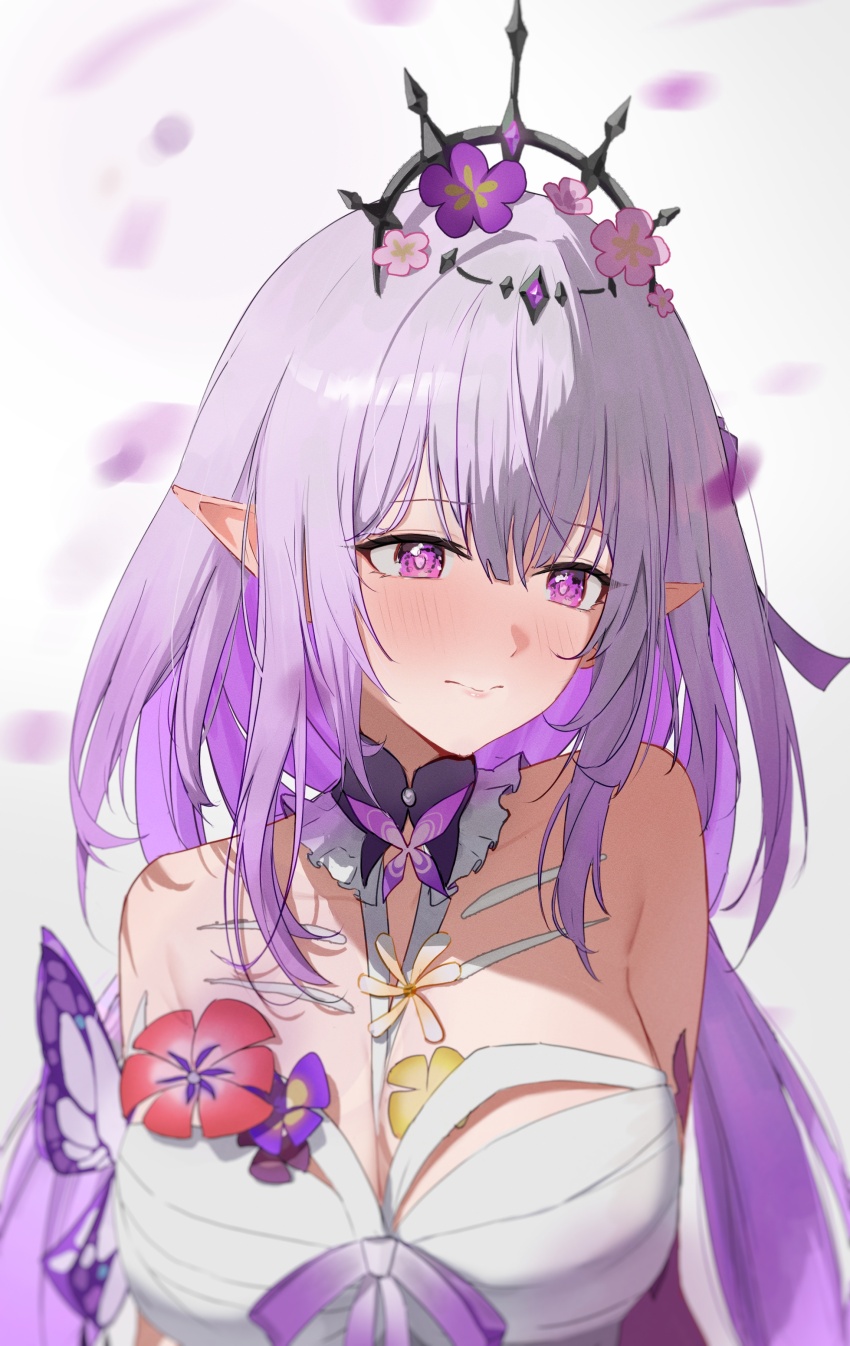 1girl absurdres bare_shoulders black_tiara blush breasts castorice_(honkai:_star_rail) commentary dress flower hair_flower hair_ornament highres honkai:_star_rail honkai_(series) large_breasts long_hair neptune_illust pointy_ears purple_eyes purple_hair simple_background solo tiara upper_body very_long_hair white_background white_dress