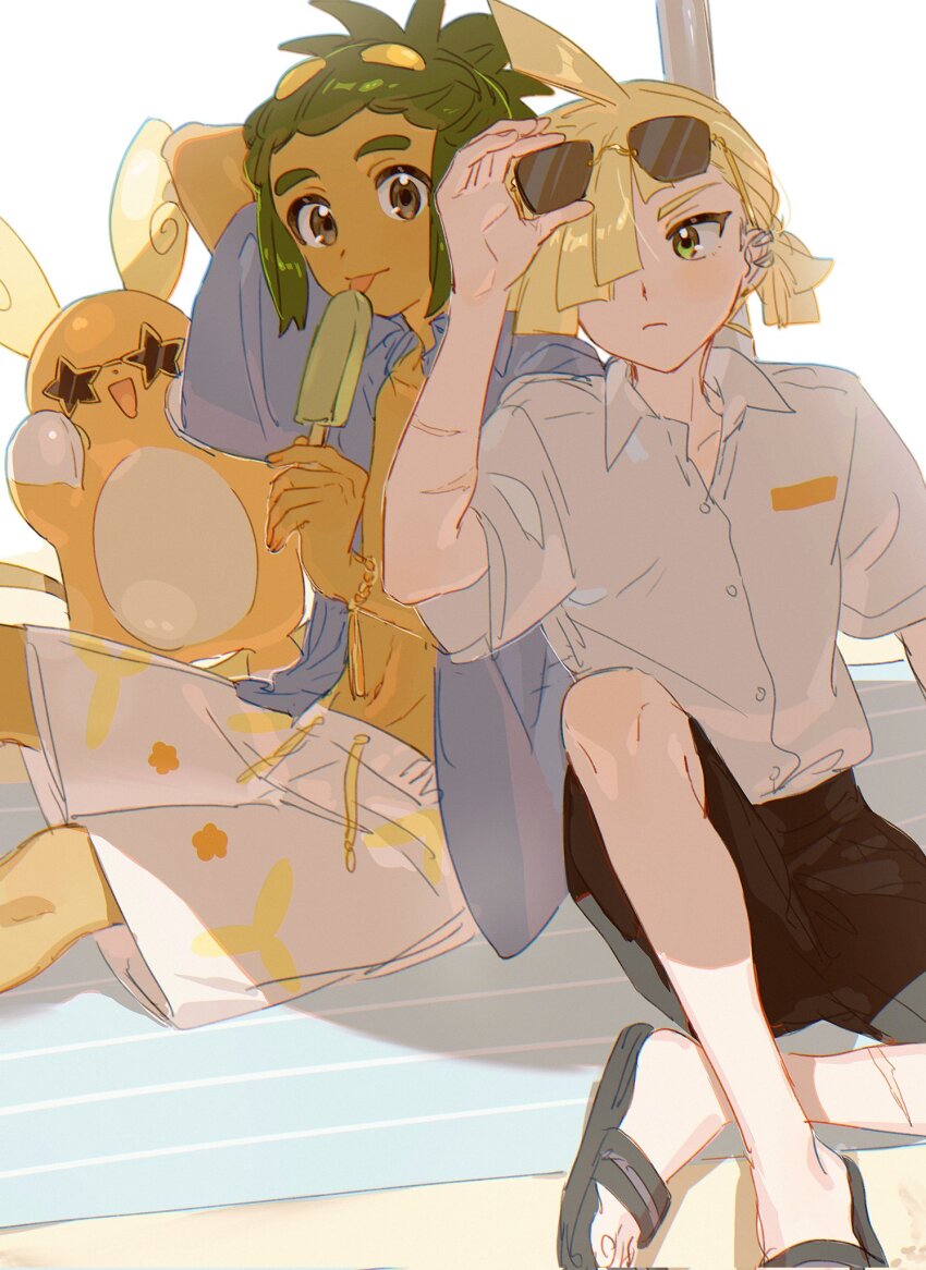 2boys alolan_form alolan_raichu black_footwear black_shorts blonde_hair blue_shirt bracelet closed_mouth collared_shirt dark-skinned_male dark_skin ear_piercing food fua1heyvot4ifsr gen_7_pokemon gladion_(pokemon) green_eyes green_hair grey_eyes hair_over_one_eye hau_(pokemon) highres holding holding_food holding_popsicle jewelry knee_up male_focus male_swimwear multiple_boys navel nintendo open_clothes open_shirt piercing pokemon pokemon_(creature) pokemon_sm popsicle sand sandals scar scar_on_arm scar_on_leg shirt shorts sitting slides star-shaped_eyewear star_(symbol) sunglasses swim_trunks tongue tongue_out white_male_swimwear white_shirt