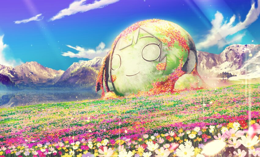 blue_sky cloud cloudy_sky commentary company_connection crossover english_commentary field flower flower_field gundam gundam_00 gundam_00_a_wakening_of_the_trailblazer highres love_live! love_live!_nijigasaki_high_school_idol_club mountain nesoberi no_humans parody redame sky sparkle sunrise_(company) yuki_setsuna