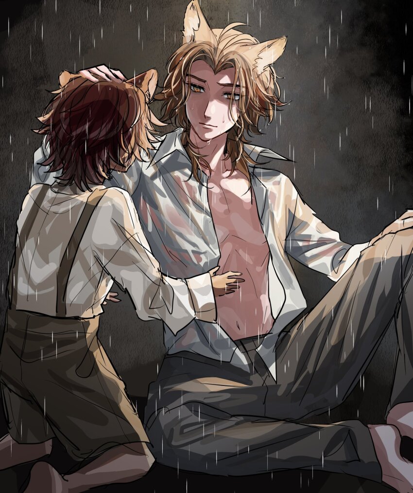 2023 2boys animal_ears black_background brown_shorts cat_ears fellow_honest fox_ears gidel_(twisted_wonderland) grey_pants highres kneeling male_focus multiple_boys open_clothes open_shirt orange_eyes orange_hair pants rain red_hair rita_tatada shirt shorts simple_background sitting suspenders twisted_wonderland wet wet_clothes wet_shirt white_shirt