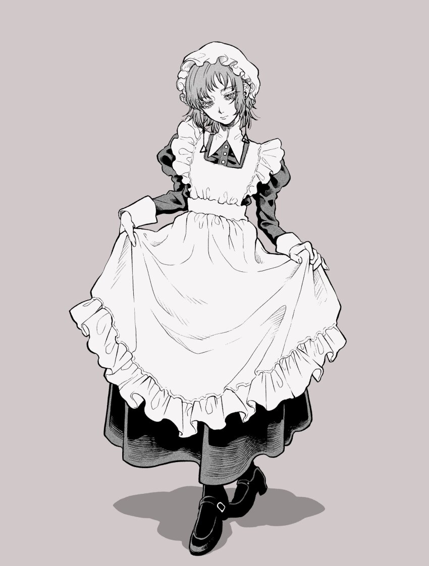 1girl alternate_costume apron chainsaw_man collared_dress commentary_request dress earrings enmaided fami_(chainsaw_man) full_body greyscale haru_rice hat highres jewelry maid maid_apron medium_hair mob_cap monochrome ringed_eyes solo standing