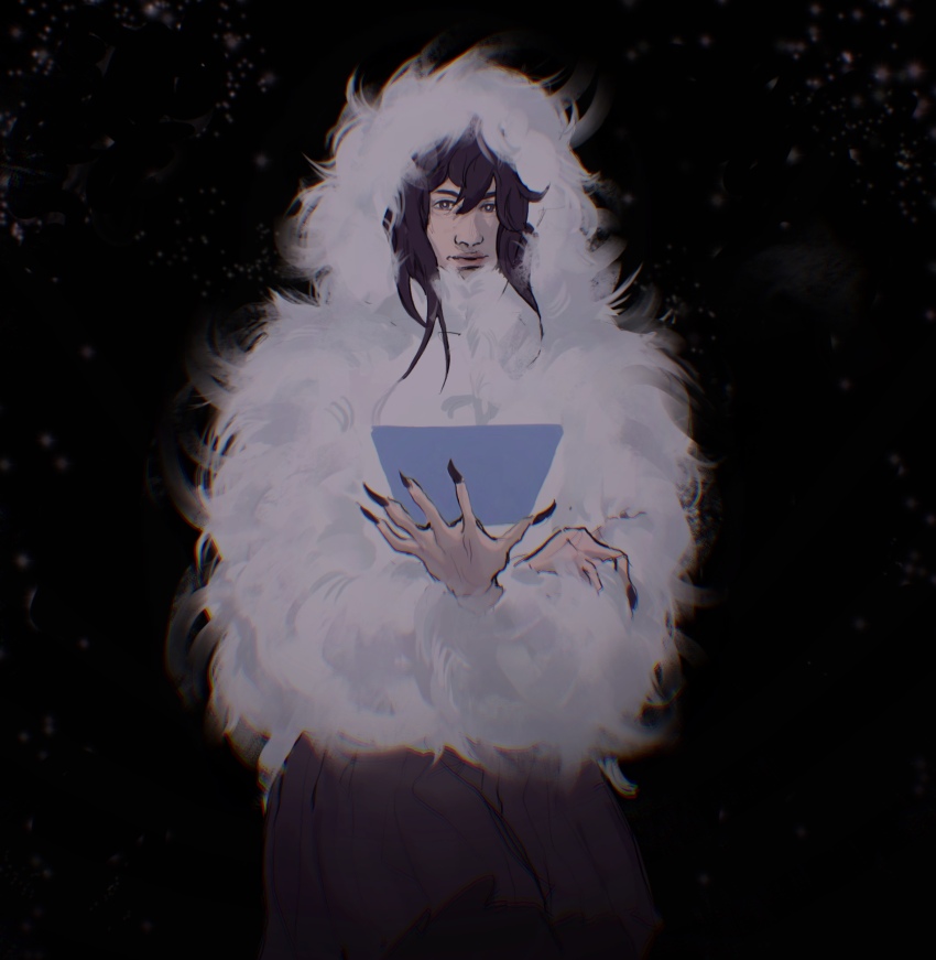 1girl :| biyoo_(omniscient_reader&#039;s_viewpoint) black_eyes black_hair black_nails closed_mouth coat crossed_legs fingernails fur_coat fur_collar hand_on_own_arm hand_on_own_shoulder highres hood hood_up leukocoria long_fingernails looking_at_viewer macaronijail medium_hair omniscient_reader&#039;s_viewpoint solo upper_body