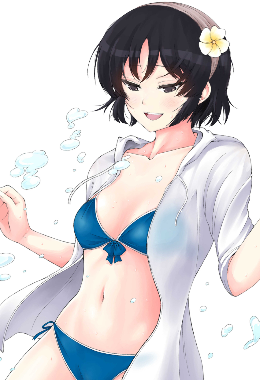 1girl bikini black_eyes black_hair blue_bikini breasts brown_hairband collarbone commentary_request cover_image flower front-tie_bikini_top front-tie_top hair_flower hair_ornament hairband highres jacket kujou_meika looking_down meika-san_wa_oshikorosenai navel open_clothes open_jacket open_mouth saitou_shouki short_hair side-tie_bikini_bottom simple_background small_breasts smile solo stomach swimsuit swimsuit_cover-up teeth upper_body upper_teeth_only water_drop white_background white_flower