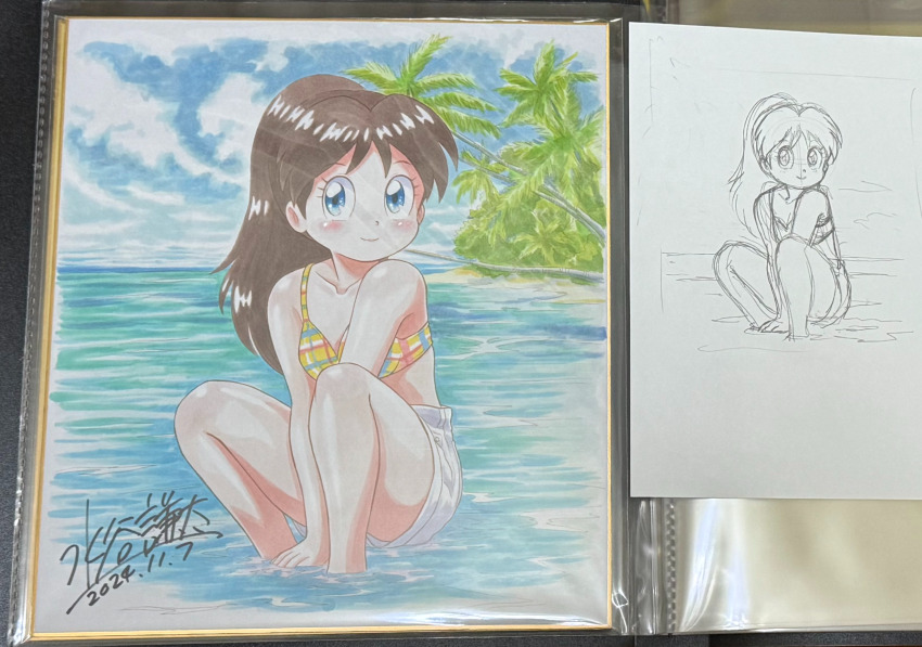 bare_legs bent_over blue_eyes brown_hair child genji_tsuushin_agedama heike_ibuki legs loli looking_at_viewer ocean official_art palm_tree photo_(medium) shirt shirts sky sleeveless sleeveless_shirt smile traditional_media tree