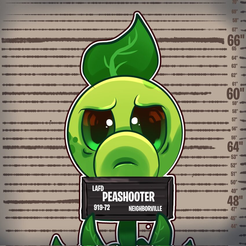 barbie_mugshot_(meme) character_name green_eyes highres lizylyuwu looking_at_viewer meme mugshot no_humans peashooter_(plants_vs._zombies) plants_vs._zombies solo