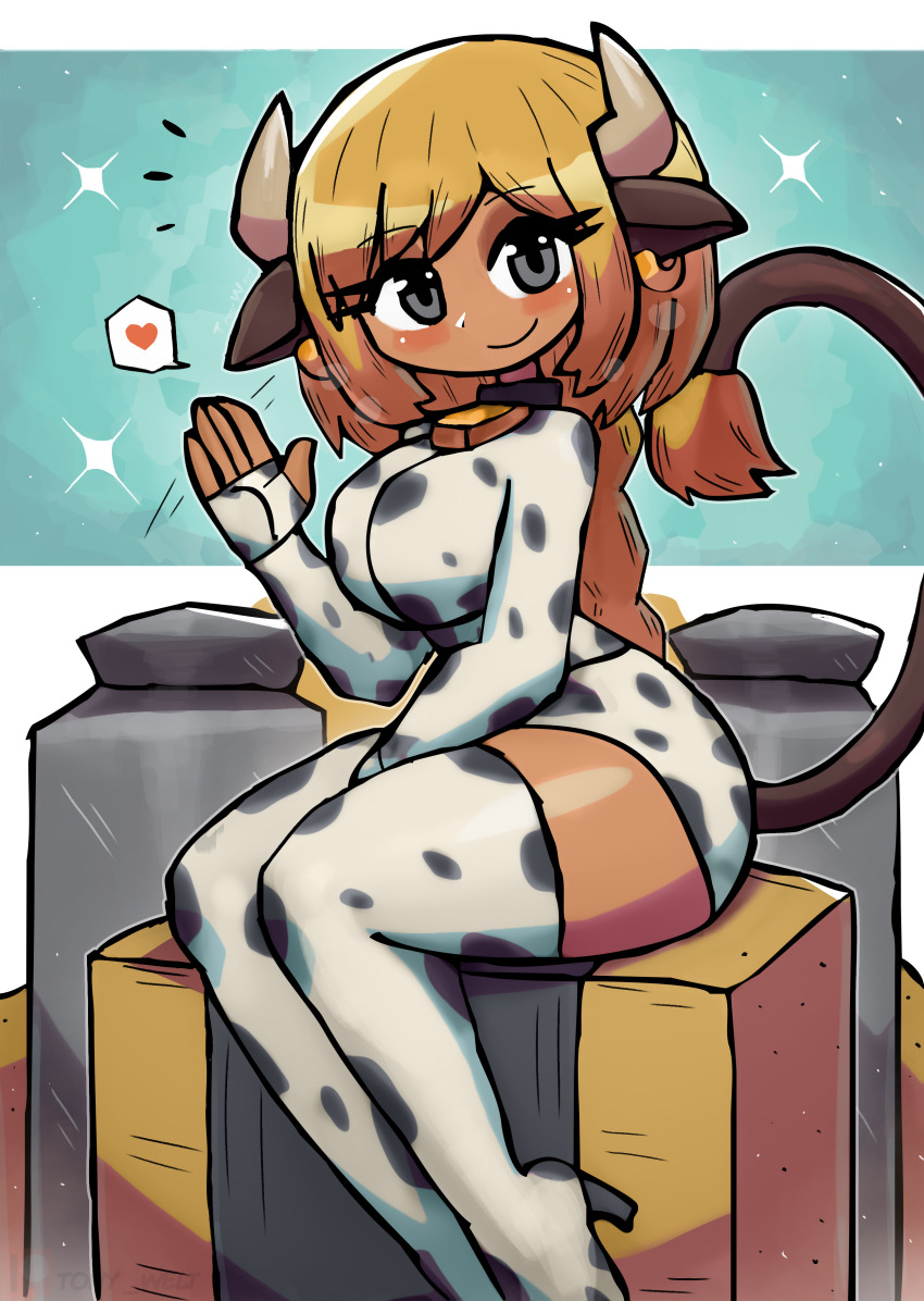 1girl absurdres animal_ears animal_print blonde_hair blush boots braid breasts collar cow_ears cow_girl cow_horns cow_print cow_tail cowbell dark_skin dress earrings fingerless_gloves gloves grey_eyes heart high_heels highres hoop_earrings horns jewelry large_breasts long_hair long_sleeves looking_at_viewer miu_(tony_welt) original print_dress print_gloves sitting smile sparkle speech_bubble spoken_heart tail thick_thighs thigh_boots thighs tony_welt waving white_background white_boots white_dress white_gloves wide_hips