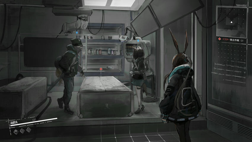 1boy 2girls absurdres amiya_(arknights) arknights black_headwear black_jacket black_pantyhose brown_hair cardiogram ceiling_light character_name commentary dark gameplay_mechanics grey_pants hat highres hood hood_down hooded_jacket indoors jacket long_hair mask minimap mouth_mask multiple_girls nuegochi pants pantyhose ponytail rhodes_island_medic_(arknights) short_hair sidelocks tail translation_request user_interface