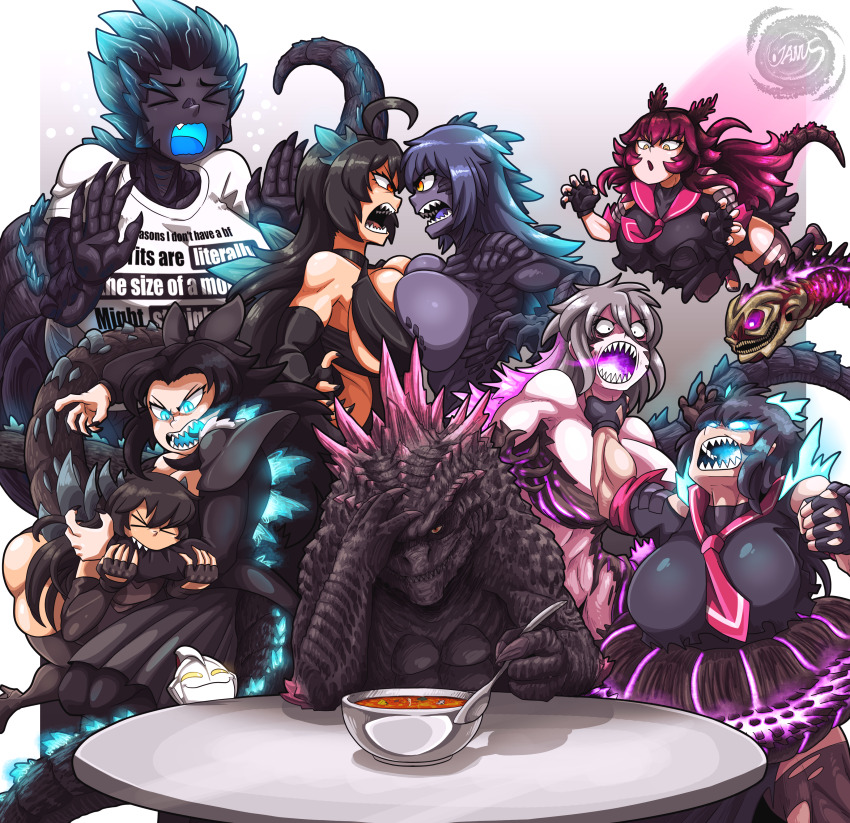 6+girls absurdres bioluminescence blue_spine borrowed_character borrowed_design claws elbow_spikes fangs gills glowing glowing_mouth godzilla godzilla_(monsterverse) godzilla_(series) godzilla_(shin) godzilla_evolved godzilla_x_kong:_the_new_empire highres januslad jaw king_kong_(series) long_tail monsterverse mouth_beam multiple_girls muscular open_mouth scales sharp_teeth shin_godzilla spines tail teeth