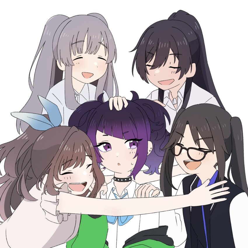 5girls black_hair blue_ribbon brown_hair choker closed_eyes collared_shirt dog_tags glasses green_jacket grey_hair hair_ribbon headpat highres hug idolmaster idolmaster_shiny_colors jacket l&#039;antica_(idolmaster) mitsumine_yuika multicolored_jacket multiple_girls ponytail purple_eyes purple_hair ribbon shirase_sakuya shirt tanaka_mamimi tsukioka_kogane twintails two-tone_jacket white_background white_shirt yukoku_kiriko yuyuyu_maru000