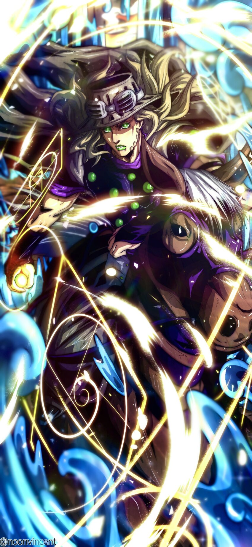 1boy absurdres animal blonde_hair bridal_gauntlets brown_cape brown_horse cape cowboy_hat goggles goggles_on_headwear golden_spiral green_eyes green_lips gyro_zeppeli hat highres horse horseback_riding jojo_no_kimyou_na_bouken long_hair noonvincent purple_mask purple_shirt riding shirt short_sleeves steel_ball_(jojo) steel_ball_run valkyrie valkyrie_(jojo) water